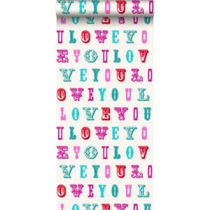 ESTAhome behang love you - quotes turquoise en roze - 53 cm x 10,05 m