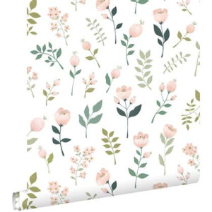 ESTAhome behang bloemen wit, roze en groen - 0,53 x 10,05 m - 139339