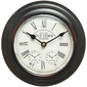 Nostalgische Wandklok van metaal 20cm - Zwarte wandklok met dubbele tijdsaanduiding – Industrieel retro design – Old Town Clocks – Romeinse cijfers – Wereldtijden Londen & New York – quartz uurwerk – Wanddecoratie klassiek