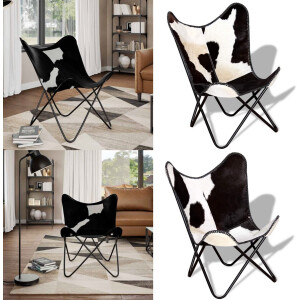 vidaXL Vlinderstoel echt rundleer zwart en wit - Vlinderstoel - Vlinderstoelen - Fauteuil - Fauteuils