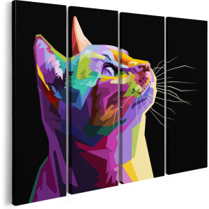 Artaza Canvas Schilderij Vierluik Kleurrijke Kat Kijkt Naar Boven - Abstract - 160x120 - Groot - Foto Op Canvas - Canvas Print