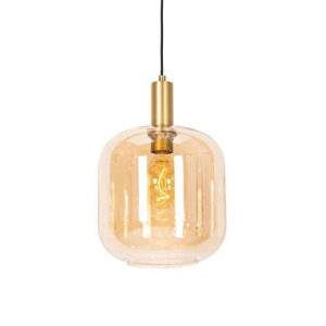 QAZQA Design hanglamp zwart met messing en amber glas - Zuzanna