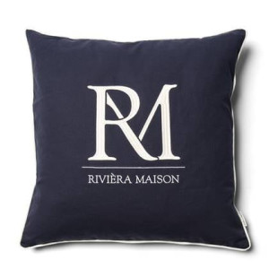 Riviera Maison Kussenhoes blauw met witte tekst 60x60 - RM Monogram