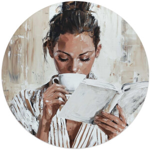 Glasschilderij Ochtendkoffie met een Boek I - Ø 50cm - Glas - REINDERS