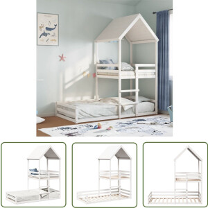 vidaXL Kidsbed - Kinderbed - Kinderbed met huisje massief grenenhout wit 90x200 cm - Hutbed - Grenenhouten Bed - Wit Kinderbed