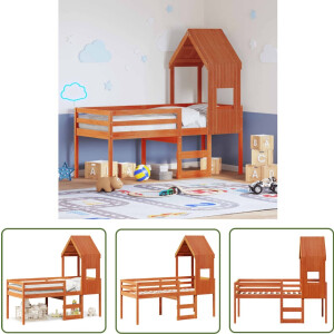 vidaXL Houten Bed - Hooghslaper - Hoogslaper met dak massief grenenhout wasbruin 75x190 cm - Kinderbed - Grenenhouten Bed - Kids Bed