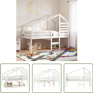 vidaXL Kinderbed - Hoogslaper - Hoogslaper met dak massief grenenhout wit 90x200 cm - Houten Bed - Grenenhout Bed - Wit Bed