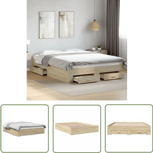 vidaXL Houten Bed - Bed Frame - Bedframe met lades bewerkt hout sonoma eikenkleurig 160x200 cm - Bed Met Lade - Sonoma Eiken - Tweepersoonsbed
