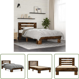 vidaXL Houten Bed - Bedframe - Bedframe bewerkt hout en metaal gerookt eikenkleurig 90x190 cm - Bruine Bed - Enkelpersoonsbed - Tweepersoonsbed