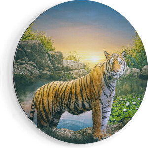 Artaza Dibond Muurcirkel Luipaard In Een Vijver Bij Zonsondergang - Ø 40 cm - Klein - Wandcirkel - Rond Schilderij - Voor Binnen en Buiten