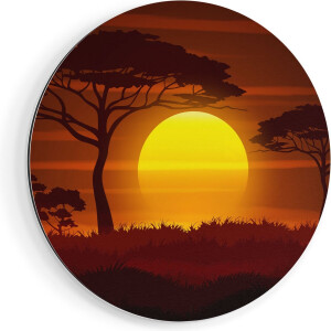 Artaza Dibond Muurcirkel Zonsondergang In De Savanne - Abstract - Ø 90 cm - Groot - Wandcirkel - Rond Schilderij - Voor Binnen en Buiten