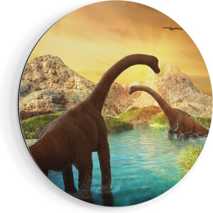 Artaza Dibond Muurcirkel Dinosauriërs in het Water - Dino's - Ø 50 cm - Klein - Wandcirkel - Rond Schilderij - Voor Binnen en Buiten