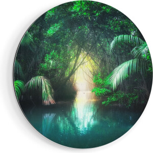 Artaza Dibond Muurcirkel Tropische Jungle Met Een Turquoise Meer - Ø 90 cm - Groot - Wandcirkel - Rond Schilderij - Voor Binnen en Buiten