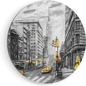 Artaza Dibond Muurcirkel Geschilderde New York Tekening - Zwart Wit - Ø 80 cm - Groot - Wandcirkel - Rond Schilderij - Voor Binnen en Buiten