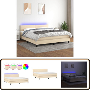 vidaXL Boxspring met LED en matras - 160x200 cm - crème Boxspring - Slaapcomfort - Led Lampjes - Pocketed Veren - Cremekleurig