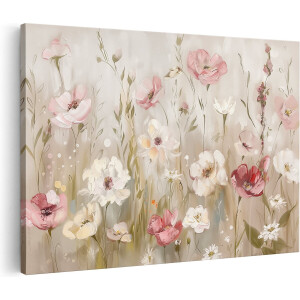 Artaza Canvas Schilderij Roze en Witte Bloemen in een Veld - 60x40 - Wanddecoratie - Foto Op Canvas - Canvas Print