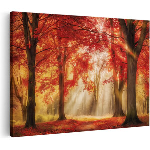 Artaza Canvas Schilderij Rood Herfstbos met Zonlicht dat door de Bomen Schijnt - 120x80 - Groot - Foto Op Canvas - Canvas Print
