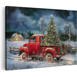 Artaza Canvas Schilderij Rode Vrachtwagen met een Kerstboom - 120x80 - Groot - Foto Op Canvas - Canvas Print