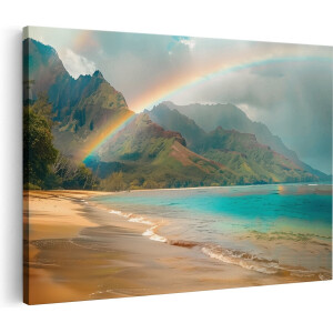 Artaza Canvas Schilderij Regenboog boven een Strand in Hawaï - 60x40 - Wanddecoratie - Foto Op Canvas - Canvas Print