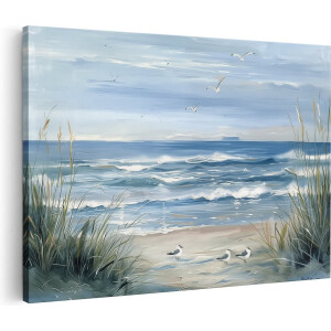 Artaza Canvas Schilderij Kunstwerk van een Strandtafereel met Meeuwen en Riet - 30x20 - Klein - Foto Op Canvas - Canvas Print