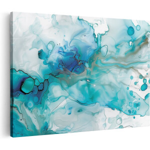 Artaza Canvas Schilderij Abstract Kunstwerk van Blauwe en Witte Vloeistoffen - 90x60 - Wanddecoratie - Foto Op Canvas - Canvas Print