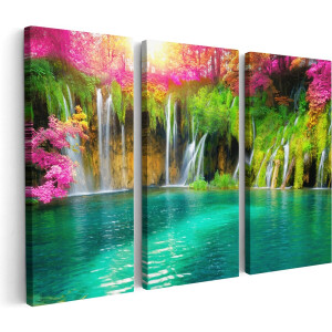 Artaza Canvas Schilderij Drieluik Waterval Met Roze En Groene Bloemen - 90x60 - Foto Op Canvas - Canvas Print
