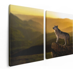 Artaza Canvas Schilderij Tweeluik Wolf Op Een Rots Met Een Heuvel Landschap - 120x80 - Foto Op Canvas - Canvas Print