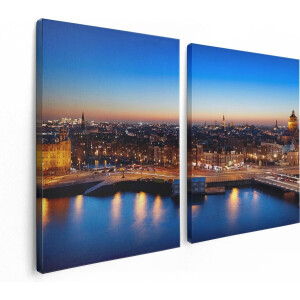 Artaza Canvas Schilderij Tweeluik Amsterdam Centrum In De Nacht - 120x80 - Foto Op Canvas - Canvas Print