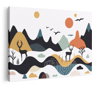 Artaza Canvas Schilderij Abstract Minimalistisch Landschap met Herten - Bergen - Zon en Vogels - 120x80 cm - Groot - Wanddecoratie Woonkamer - Schilderijen - Muurdecoratie