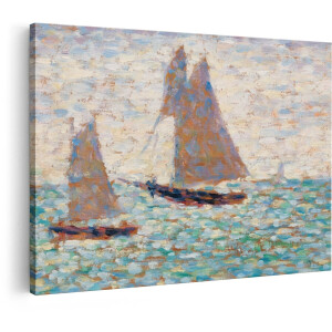 Artaza Canvas Schilderij Impressionistische Zeilboten op een Golvende Zee onder een Bewolkte Hemel - 30x20 cm - Klein - Wanddecoratie Woonkamer - Schilderijen - Muurdecoratie