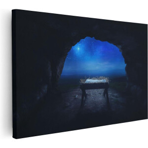 Artaza Canvas Schilderij Kribbe in een Grot onder de Ster Van Bethlehem - 120x80 - Groot - Foto Op Canvas - Wanddecoratie