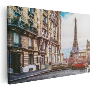 Artaza Canvas Schilderij Eiffeltoren In Parijs Met Een Rode Kever Auto - 90x60 - Foto Op Canvas - Canvas Print - Muurdecoratie