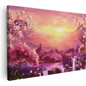 Artaza Canvas Schilderij Illustratie Van Watervallen Met Bloesems - 90x60 - Foto Op Canvas - Canvas Print