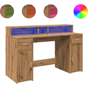vidaXL - Bureau - met - LED-verlichting - 140x55x91 - cm - hout - artisanaal - eiken