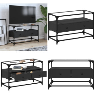vidaXL Tv-meubel met glazen blad 80x35x51 cm bewerkt hout zwart - Tv-meubel - Tv-meubelen - Tv Kast - Opbergkast