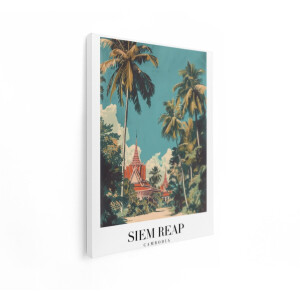 Artaza Canvas Schilderij Tropische Palmbomen en Tempels in Siem Reap - Cambodja - met een Heldere Hemel - 90x120 cm - Groot - Wanddecoratie Woonkamer - Schilderijen - Muurdecoratie