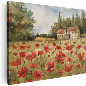 Artaza Canvas Schilderij Aquarelkunstwerk van Rode Klaprozen voor een Huis - 40x30 - Klein - Foto Op Canvas - Canvas Print