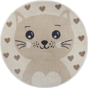Flycarpets Adventures Kinderkleed Rond vloerkleed -Kat - Crème / Beige - 140x140 cm