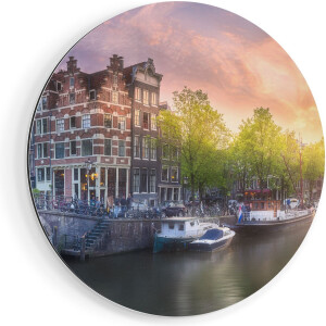 Artaza Dibond Muurcirkel Amsterdamse Grachten  - Ø 40 cm - Klein - Wandcirkel - Rond Schilderij - Voor Binnen en Buiten