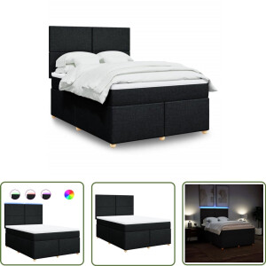 vidaXL Boxspringbed - Boxspring - Boxspring met matras stof zwart 140x200 cm - Matras - Pocketveringmatras - Led Verlichting