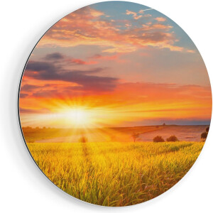 Artaza Dibond Muurcirkel Zonsopgang Op Het Maïsveld - Ø 60 cm - Wandcirkel - Rond Schilderij - Voor Binnen en Buiten