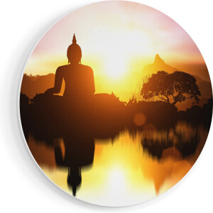 Artaza Forex Muurcirkel Silhouet Van Boeddha Beeld Met Zonsondergang - 80x80 cm - Groot - Wandcirkel - Rond Schilderij - Wanddecoratie Cirkel