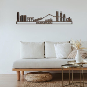 Skyline Hongkong Notenhout 130 Cm Wanddecoratie Voor Aan De Muur Met Tekst City Shapes