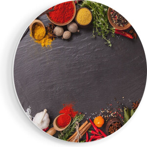 Artaza Forex Muurcirkel Verschillende Kruiden Op Een Zwarte Tafel - 90x90 cm - Groot - Wandcirkel - Rond Schilderij - Muurdecoratie Cirkel