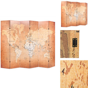 vidaXL Kamerverdeler - Kamerverdelers - Paravent - Paravents - Kamerscherm inklapbaar wereldkaart 228x170 cm geel