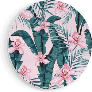 Artaza Forex Muurcirkel Tropische Roze Zomer Bloemen Met Bladeren - 90x90 cm - Groot - Wandcirkel - Rond Schilderij - Muurdecoratie Cirkel