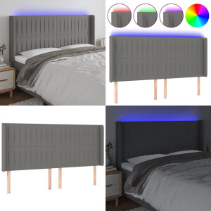 vidaXL Hoofdbord LED 163x16x118/128 cm stof donkergrijs - Hoofdbord - Hoofdborden - Hoofdeinde - Houten Hoofdbord