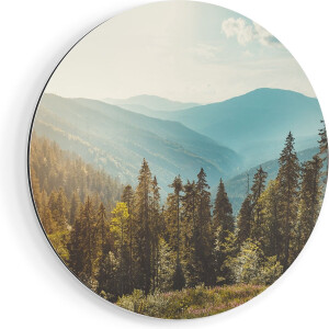 Artaza Dibond Muurcirkel Bos Met Bomen In De Hoge Bergen - Ø 50 cm - Klein - Wandcirkel - Rond Schilderij - Voor Binnen en Buiten