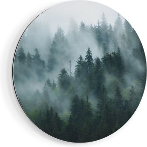 Artaza Dibond Muurcirkel Bos Met Bomen In De Mist - Ø 90 cm - Groot - Wandcirkel - Rond Schilderij - Voor Binnen en Buiten