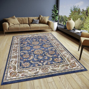 Flycarpets Klassiek Blauw / Creme Vloerkleed Reni - 80x120 cm - Oosters motief - Perzisch Tapijt Laagpolig - Loper